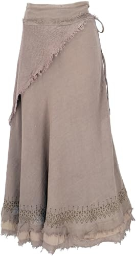 GURU SHOP Gonna naturale Goa, gonna a strati hippie, gonna medievale, da donna, beige, cotone, taglia: unica, Marrone/Stampato, Taglia unica
