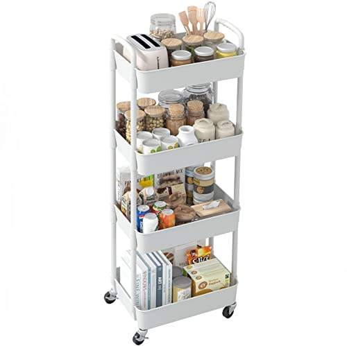 Sywhitta chariot roulant en plastique 4 couches, chariot de rangement multifonctionnel, bureau, salon, cuisine, boîte de rangement mobile avec roues, 39 * 29 * 104cm, Blanc