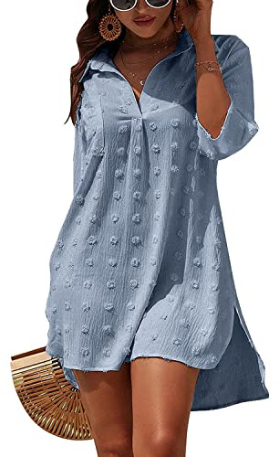 Rayson Vestido de Playa Mujer Camisa Beach Cuello en V Bikini Camisolas Cover up de Verano Color Sólido Blusa de Biquini Jacquard