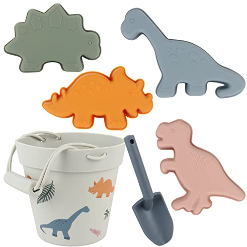FENGQ 6 PCS Strand Sandspielzeug Set Silikon, Kinder Sandkasten Spielzeug, Strandspielzeug Set mit Eimer, Schaufel und 4 Sandförmchen für Jungen und Mädchen, Kinder ab 18 Monaten (Dinosaurier)