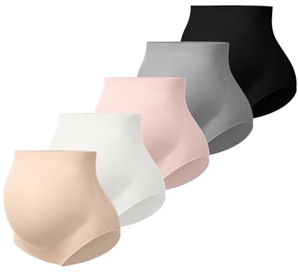 Angelhood Women's Maternity High Waist Underwear Pregnancy Seamless Soft Hipster Panties Over Bump, 5 Pack, Large