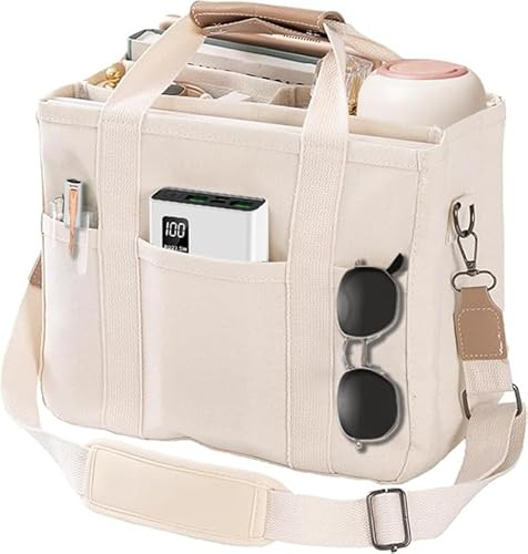 AioTio Sac à Main en Toile pour Femme Sacs à Bandoulière Homme Grande Sac Fourre Tout avec Bretelles Réglables avec Plusieurs Poches Organisée(Blanc)