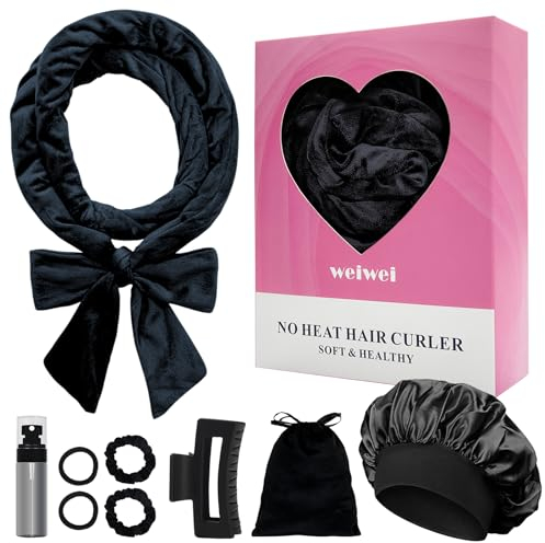 weiwei Lockenwickler Über Nacht, Samt Heatless Overnight Curls Band Locken ohne Hitze, 70 Haarwickler DIY Hair Curler Rollers Lockenband, 9 Stück Locken Set mit Schlafmütze für Langes Haar (Schwarz)