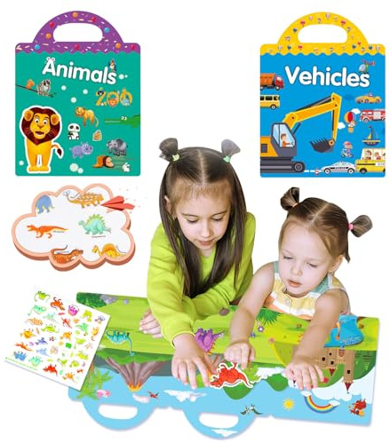 Reusable Sticker Books for Toddlers, Plane Activities for Toddler Sticker Books 1-2 Years 2 Pack(Animals Vehicles)