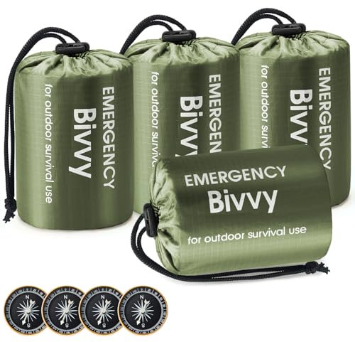 Esky Lot de 4 Sacs de Couchage d'urgence, Sacs de Bivouac Thermiques Portables, imperméables et légers, équipement de Survie avec Boussole et sifflet pour Camping, randonnée, Aventure en Plein air,
