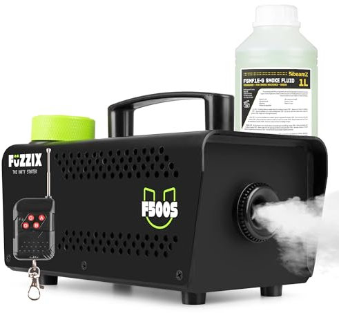 Fuzzix F500S - Máquina de humo 500W con control remoto, 50 m³/min, calentamiento rápido en 2,5 min, depósito 250 ml, incluye 1L de líquido, ideal para fiestas, DJs y eventos
