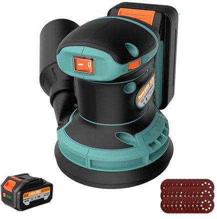 Lijadora Orbital Sin Cable 21V, con 6 Velocidades Variables 7000-11000 RPM Lijadora a Batería for Madera, 30 Piezas de Papel de Lija y Bolsa Recogedora de Polvo, Con 2 Baterías