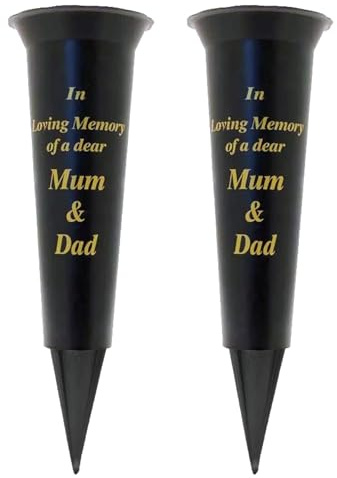 Set of 2 Black In Loving Memory Mum and Dad Spiked Memorial Grave Flower Vases Graveside Memorial