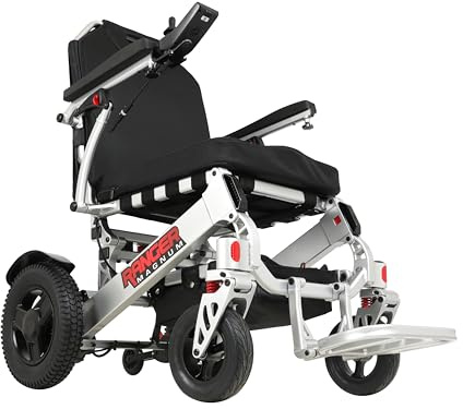 Ranger Magnum Ultra Heavy Duty Folding Electric Wheelchair - All-Terrain, Weatherproof, Dual 350W Motors, 660 lb Capacity, Dual Side Batteries (Silver, XL (24 Seat))