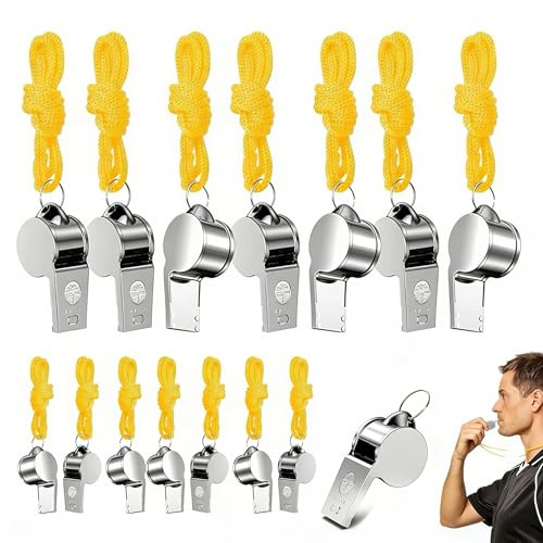 HYMC 15 Pack Stainless Steel Sports Whistles with Lanyards, Loud Crisp Metal Referee Whistle Set for Coaches, Teachers, Schools, Gyms and Training, Bulk Pack for Sports Clubs and Groups