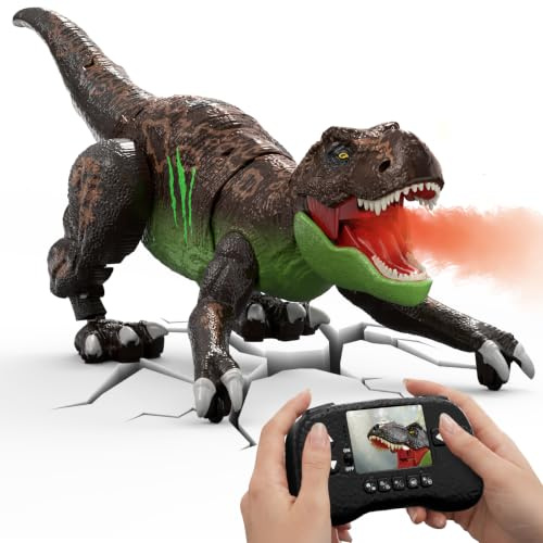 RC Dinosaure T-Rex Robot avec Caméra et Ecran LCD, Vidéo en Direct, Simulation de Mouvement Rampant, Fonction de Pulvérisation, Mode Performance, Effets Lumineux et Rugissements, Jouet pour Enfants