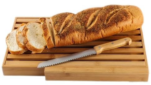 BAMBOO LAND- Large Bamboo Bread Cutting Board with Crumb Tray with Large Bread Knife, Bread Serving Tray for Kitchen