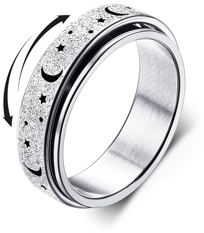 Diamday Anillos Giratorios para Estrés y Ansiedad - Fidget Band Spinner Antiestrés para Mujeres y Hombres - Inoxidable Luna Estrella Plata 20