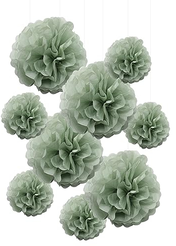 Bommeln aus Seidenpapier mit Blumen im Boho-Stil, rustikal, zum Aufhängen, Dekoration für Geburtstag, Hochzeit, Babyparty, neutrales botanisches Grün, Kinderzimmer, wilde Safari-Party, 9 Stück