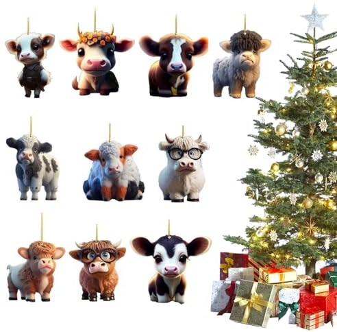 Kocusu Weihnachtsschmuck Kuh,Weihnachtsdeko Hängend Kuh,Christbaumschmuck Lustig Kuh,Weihnachtsbaumschmuck für Fensterbaum,Garten,Party,10 Stück (10,D)