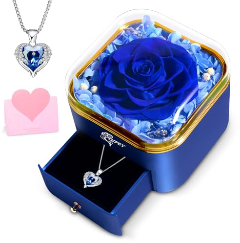 Valentines Day Gifts for Her - Preserved Real Blue Rose with Heart Necklace, Forever Flowers Gifts for Mom Grandma Wife Girlfriend at Christmas, Valentines, Mothers Day, Anniversary or Birthday Gifts for Women to Send Love