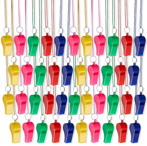 THE TWIDDLERS 120 Neon Whistles with String Lanyards in Assorted Colours, Bulk Plastic Multipack Whistles for Kids Parties, Adults & Football Sports Events, Carnival Whistle for Party Bags