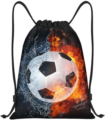 Kids Football Drawstring Bags for Boys, Personalised Sports-Themed Drawstring Backpack with Name Text, Custom Soccer Casual Knapsack with Water and Fire Printed for Gym Travel Swimming Hiking Camping