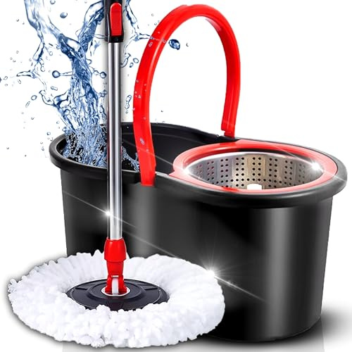 Retoo Wischmopp Set, Bodenwischer mit Teleskopstiel 94-120 cm, Mikrofaser Moppkopf mit Kraftfasern und Eimer mit Powerschleuder, Schnell und Reinigungsstark, Komplett Kit, Schwarz