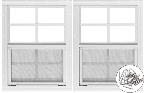 2 Stück Schuppenfenster, 30,5 x 40,6 cm (B x H), Weiß, bündig montiertes Fenster mit gehärtetem Glas und abnehmbarem Sichtschutz für Spielhäuser, Schuppen, Garage und Hühnerställe