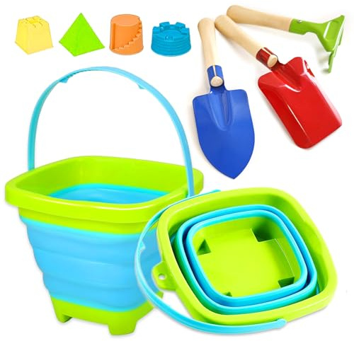 KY-Tech Kids Beach Toys Foldable Beach Bucket And Spade Set, Collapsible Sand Bucket with 3pcs Metal Spade and 4pcs Sand Moulds For Boys Girls Summer Party
