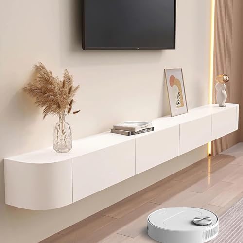 Btsunotr Floating tv unit Floating TV Cabinet Wall Mounted Home Storage Cabinet With Doors Entertainment Media Console Solid Wood Modern Living Room Round Corner (White, 140cm)
