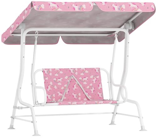AIYAPLAY Dondolo per Bambini da Esterno a 2 Posti con Tettuccio Regolabile e Cinture di Sicurezza, Altalena Dondolo da Giardino e Interno in Acciaio e Oxford, Max 60 kg, 112x75x120 cm, Rosa Bianco