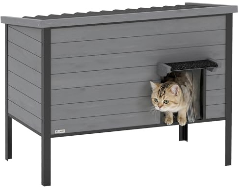 PawHut Katthus väderbeständig kattkoja av trä med gångjärnstak, avtagbar botten, ingång 85 x 55 x 70 cm, kattgrotta för 1–2 katter upp till 12 kg för inomhus, utomhus, trädgård, balkong, ljusgrå