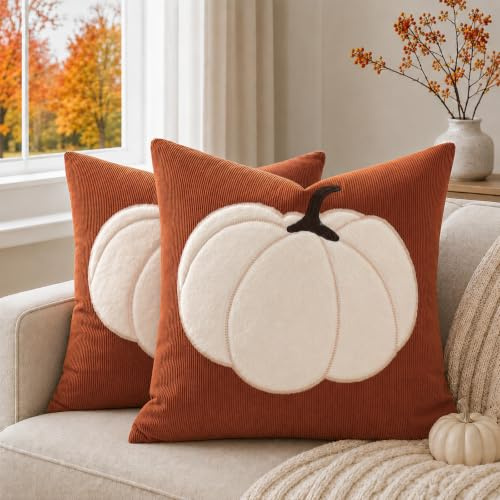 ZWJD Funda Cojin Otoño 45x45 cm de 2 Unidades, Fundas de Cojín de Tela Suave de Pana con Calabaza de Felpa, Cojines Decorativos Naranja para Sofá, Salón, Dormitorio, Funda Cojines de Gracias y Otoño