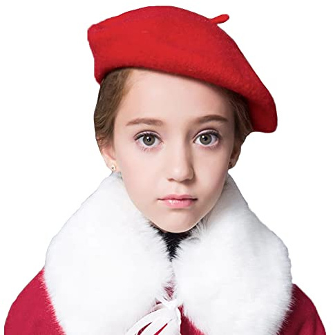 Kids Wool French Beret Hat - Solid Color Artist Beret Cap for Girls & Boys - Warm Winter & Autumn Fancy Dress Wool Beanies