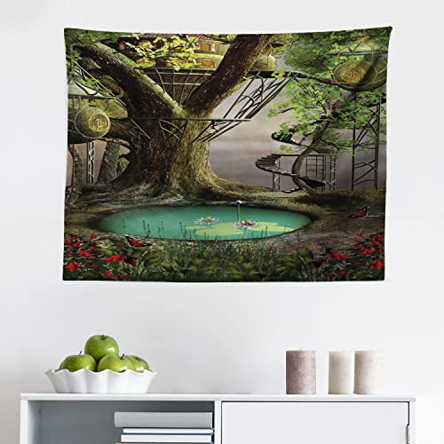 Ambesonne Tree Tapestry, Realistic Illustration of Enchanted Tree Fort and Lotus Flower on Pond, Fabric Wall Hanging Decor for Bedroom Living Room Dorm, 28 X 23, Green Brown Jade Green