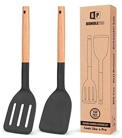 Pack of 2 Silicone Cooking Spatula, Heat Resistant Solid Turner, Non Stick Slotted Spatulas with Wooden Handle,Ideal Wood Kitchen Utensils Set for Frying, Baking, Flipping, Turning (Black)