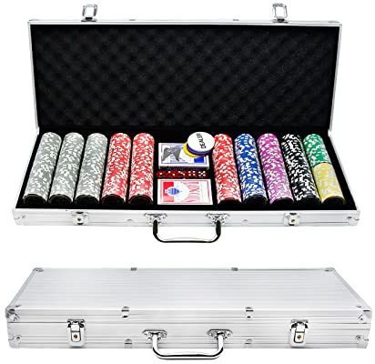 YARDIN Set di 500 Chip da Poker Con 5 Cubetti, 3 Spacciatori, 2 Mazzi, 2 Chiavi, Valigetta in Alluminio per Texas Hold'em, Feste, Giochi (Argento)
