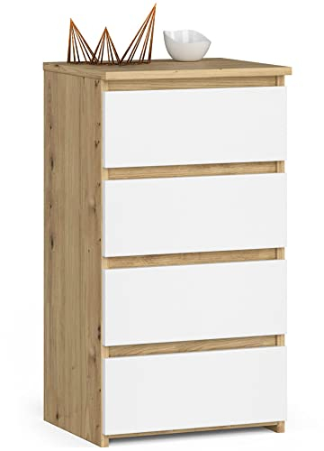 AKORD Kommode CL4 40 cm | 4 Schubladen | Schrank | für das Wohnzimmer | für das Schlafzimmer | B40 x H74 x T35 cm | Gewicht 18,4 kg | Artisan Eiche/Weiß