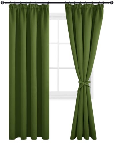 DWCN Vorhänge Blickdicht Verdunkelungsvorhänge Thermovorhänge mit Kräuselband Gardinen mit Vorhang-Krawatten, Fensterdeko schlafzimmer Vorhang Kälteschutz, 2er Set, Oliv Grün,245x140cm (Höhe x Breite)
