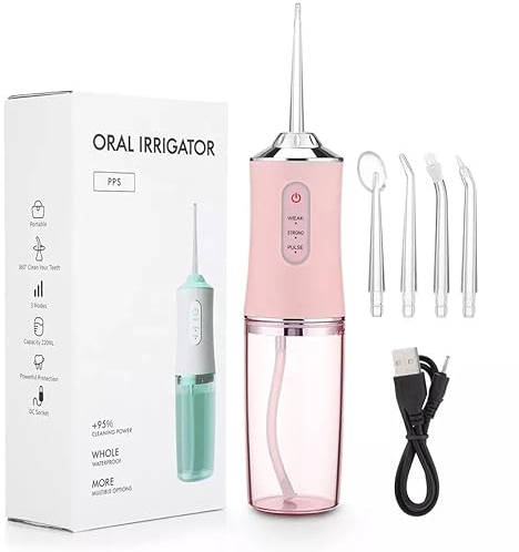 Hydropulseur buccal sans fil - Mini évier portable de 220 ml - Rechargeable par USB - IPX7 - Hydropulseur dentaire électrique - 3 modes avec 4 buses - Étanche - Rotation à 360° - Rose