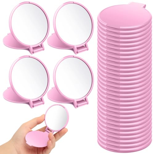 Saysurey 24 Pcs Mini Pink Compact Mirror Bulk for Women Small Round Portable Pink Mirror Makeup Folding Pocket Travel Accessories for Woman Graduation Party Favor Coworker Nurse, 2.8 x 2.4 Inch