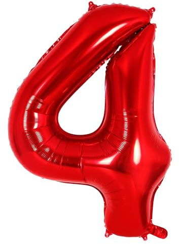 Ponmoo Foil Globo Número 4 Rojo 40 (101cm), Inflable Helio o aire, Gigante Numeros 0-9, 10-19, 20-29, 30-100, Grande Globos Decoración para La Boda Aniversario y Cumpleaños Fiestas