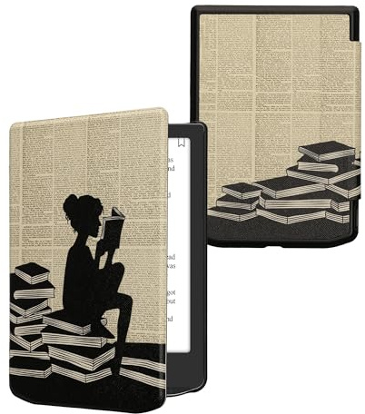 kwmobile fodral kompatibelt med Pocketbook Verse/vers Pro/Verse Color/Vivlio Light/Light HD-fodral – läsplatta fodral – flicka och böcker svart/beige
