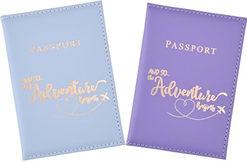 Rayibuir 2 Pcs Passport Holder, PU Leather Passport Cover Travel Wallet Case Organiser for Passport, Business Cards, Credit Cards, Ticket, Boarding Passes (Blue, Purple)