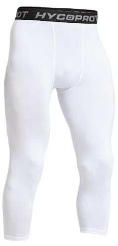 HYCOPROT Mens 3/4 Compression Leggings Athletic Tight Sprots Compression Pants Cool Dry Base Layer Trousers for Running Workout Sports Yoga Basketball (White, S)