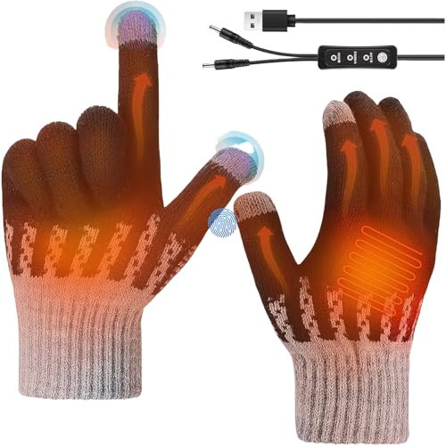 COMBLU Guantes térmicos USB, calentadores de manos de dedo completo, 3 niveles de temperatura ajustable, guantes de punto cálidos de invierno, lavables, para interiores y exteriores
