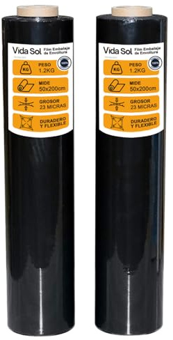 VIDA SOL Film Embalaje de Envoltura Negro, 2 Rollo de 50 cm, 23 Micras de Espesor, Resistente y Versátil, Ideal para Hogar, Almacenes, Comercios y Transportes