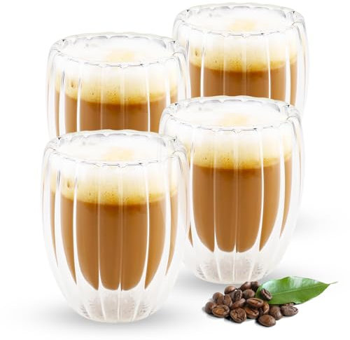 Shodiffy Tazas de Café de Cristal,4 Piezas 330 ML Vasos Cafe de Doble Pared Tazas de Vidrio Borosilicato para Latte Macchiato Espresso Café Helado Leche Jugo Té