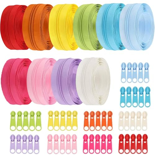 Exquilnova Zips for Sewing,30M 10 Colors Zipper,Sewing Accessories Zip Repair Kit with 50 Sliders,Nylon Invisible Zip for DIY Craft Projects,Skirts,Bags,Cushions,Luggage Accessories (10 Light Colors)