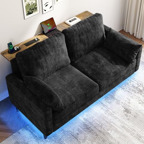 KKL 2 Seater Sofa with LED Lights, Small Couch Loveseat with 2 AC Outlets and 2 USB Ports, Chenille Sofas Couches with Console Table for Living Room, Easy Assembly, Black