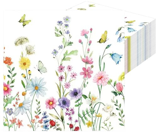 LOCCY Lot de 40 Serviette Papier, 33x33cm Serviette Papier Fleur Serviettes de Fête Douces Jetables Décoration de Table pour Mariages, Communions, Anniversaires, Noël(Fleur+Papillon)