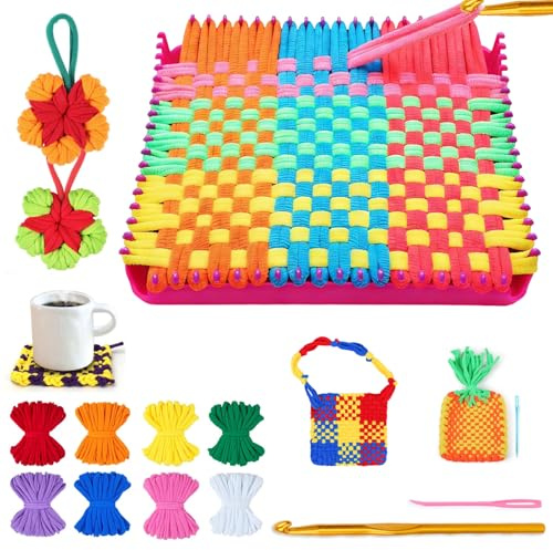 KINDLUME Métier a Tisser, Métier à Tisser Enfant, Tricot Enfant, Kit de Loisirs Créatifs, Tissage Complet avec Fils Élastiques, pour Cadeau Créatif Fille, Activité Manuelle Débutant