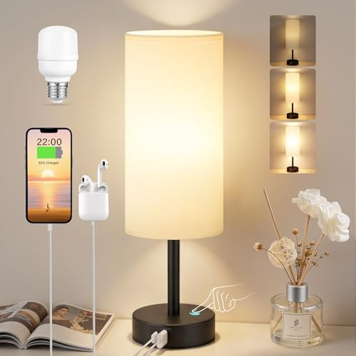 PreeOtti Nachttischlampe Touch Dimmbar, Tischlampe mit USB A+C Ladefunktion | Nachttischlampe mit Kabel, Lampenschirm aus Leinenstoff, LED Birne, Touch Lampe für Wohnzimmer Schlafzimmer Kinderzimmer Büro