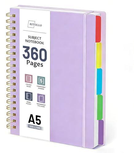 RITOLLO 360 sidor A5-spiralanteckningsbok med 5 fack, linjerad i collegestil, 100 GSM tjockt papper, stor anteckningsbok med avtagbara skiljeblad för skola, kontor, studier och arbete (lila)